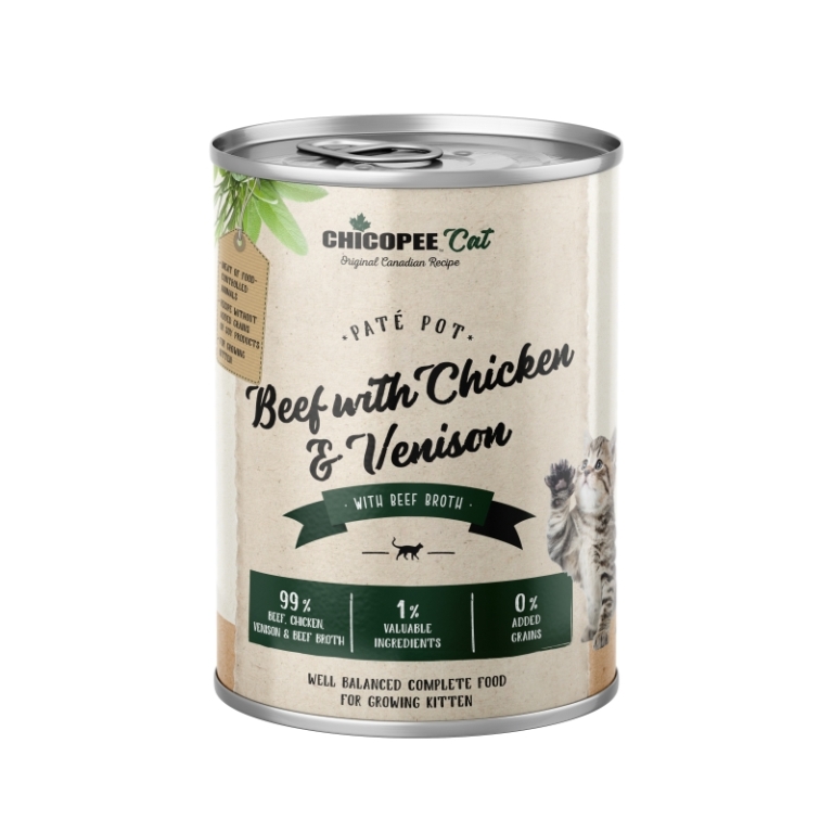 Chicopee Cat Kitten Paté Pot Beef with Chicken & Venison (marha, csirke és vad) 400 g