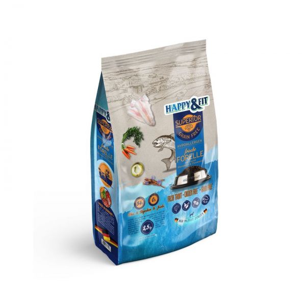 Happy&Fit Superior Grain Free Hypo friss pisztráng, halolaj, glükozamin és kondroitin 2,5 kg