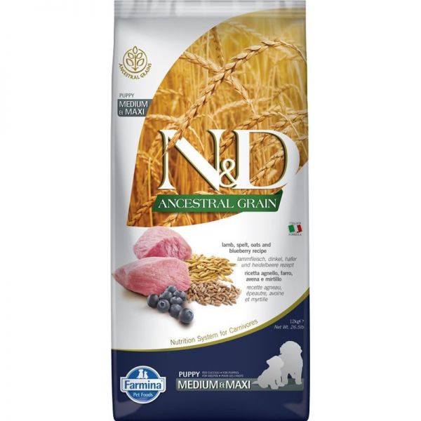 N&D Ancestral Grain Dog Puppy Medium&Maxi Lamb - bárány, tönköly, zab&áfonya 12 kg