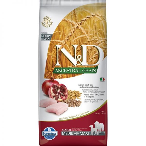 N&D Ancestral Grain Dog Senior Medium&Maxi Chicken - csirke, tönköly, zab&gránátalma 12 kg