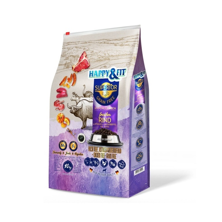 Happy&Fit Superior Grain Free Hypo friss marha, strucc, vízibivaly és sütőtök 2x10 kg