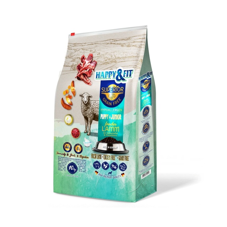 Happy&Fit Superior Grain Free Hypo Puppy&Junior friss bárány, édesburgonya és vörösáfonya 10 kg