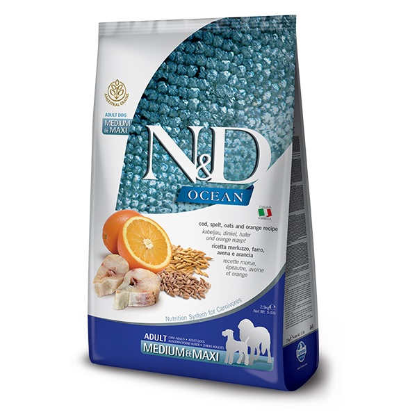 N&D OCEAN Dog Adult Medium&Maxi Cod Spelt Oats (tőkehal, tönköly, zab és narancs) 2,5 kg