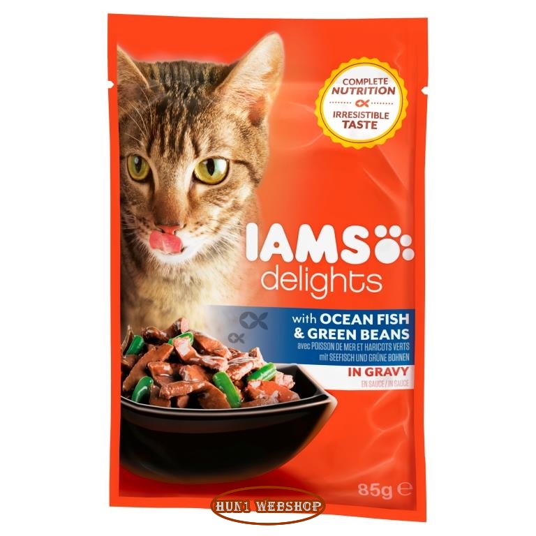 IAMS Delights Tengeri hal és Zöldbab szószban 85 g