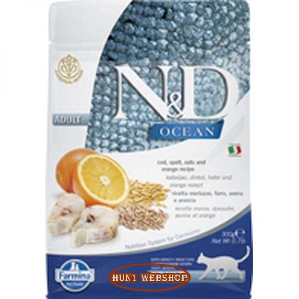 N&D Cat Adult OCEAN Cod - tőkehal, tönköly,  zab és narancs 300 g
