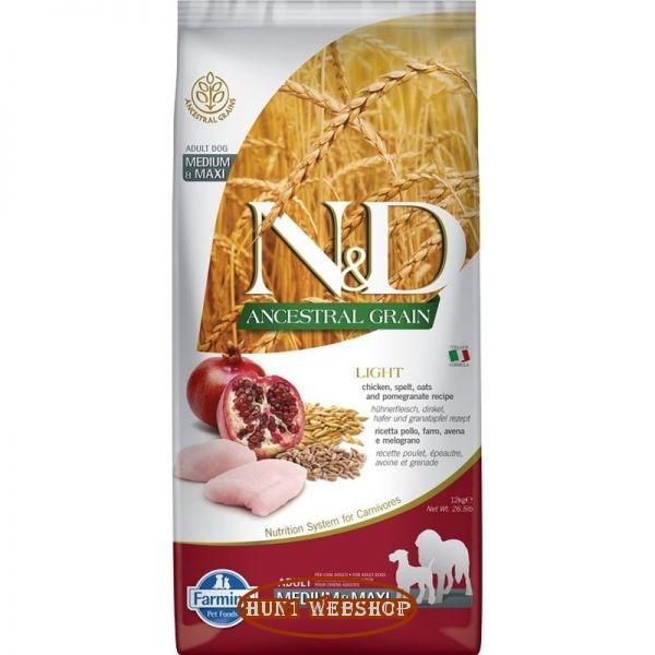 N&D Ancestral Grain Dog Adult Light Medium&Maxi Chicken - csirke, tönköly, zab&gránátalma 12 kg