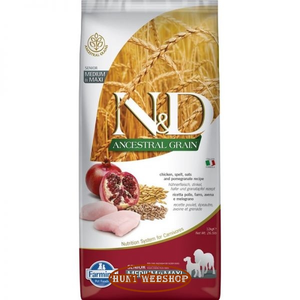 N&D Ancestral Grain Dog Senior Medium&Maxi Chicken - csirke, tönköly, zab&gránátalma 12 kg