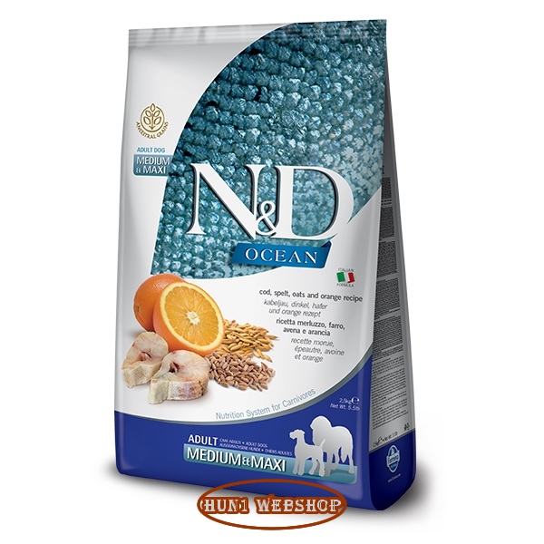 N&D OCEAN Dog Adult Medium&Maxi Cod Spelt Oats (tőkehal, tönköly, zab és narancs) 2,5 kg