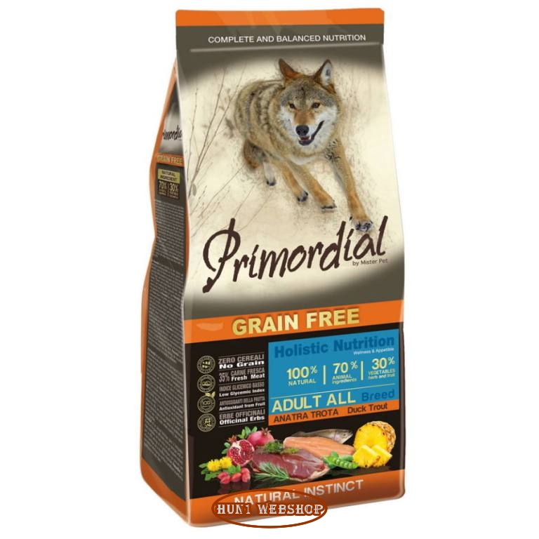 Primordial Grain Free Adult kacsa és pisztráng 12 kg